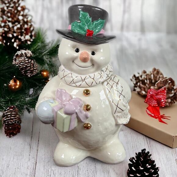 Lenox The Snowman 12" Porcelain Cookie Jar With Lid 24K Trim Family Fun Vtg 2000 - Picture 8 of 16